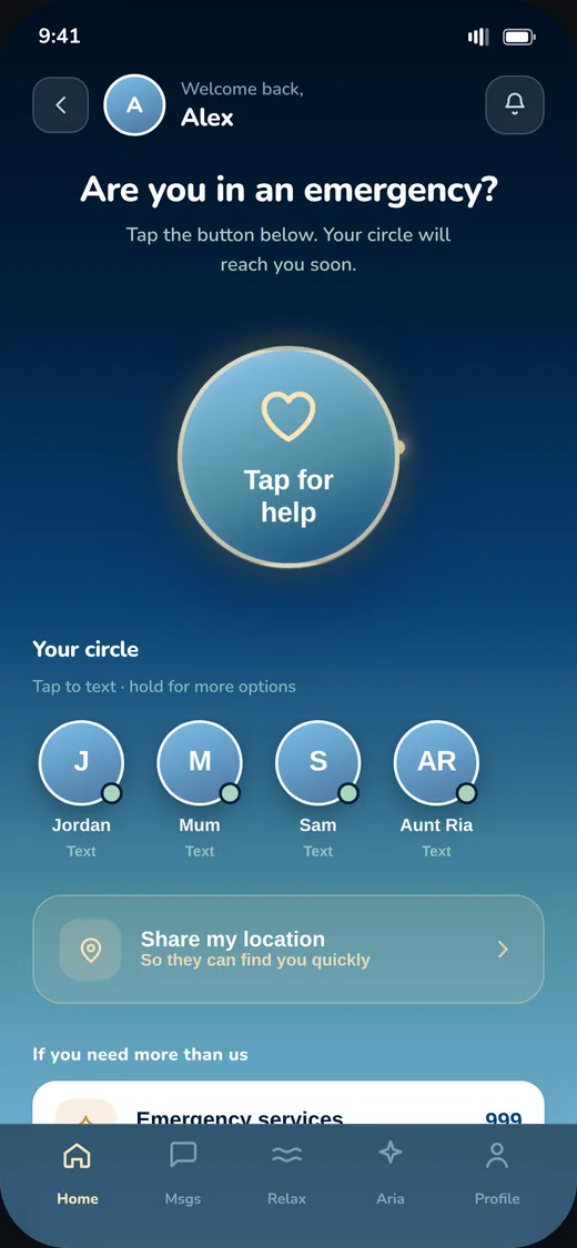 Tap for help screen with support circle